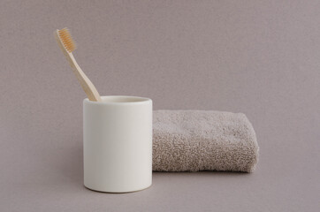 Bath set soap dispenser and towel. Hygiene and health concept