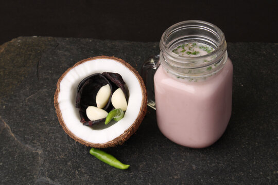 Solkadhi OR Kokum curry, A famous drink from Goa or Maharashtra`s Konkan region, served in a glass.