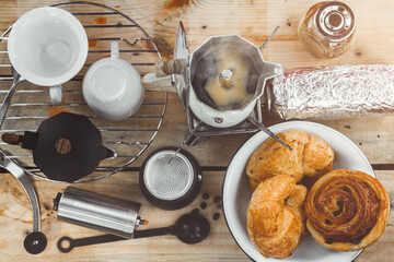 Coffee making with Moka pot and snack.
