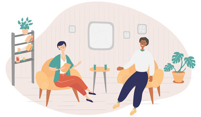 Female presenter asks famous celebrity on TV show. Popular man-star gives interview to television presenter in broadcast studio. Internet interview channel concept. Cartoon vector illustration