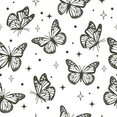 Seamless flying butterfly pattern. Flat style insect background illustration. © cloverlittleworld