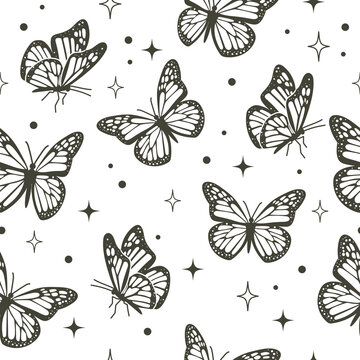 Seamless flying butterfly pattern. Flat style insect background illustration.