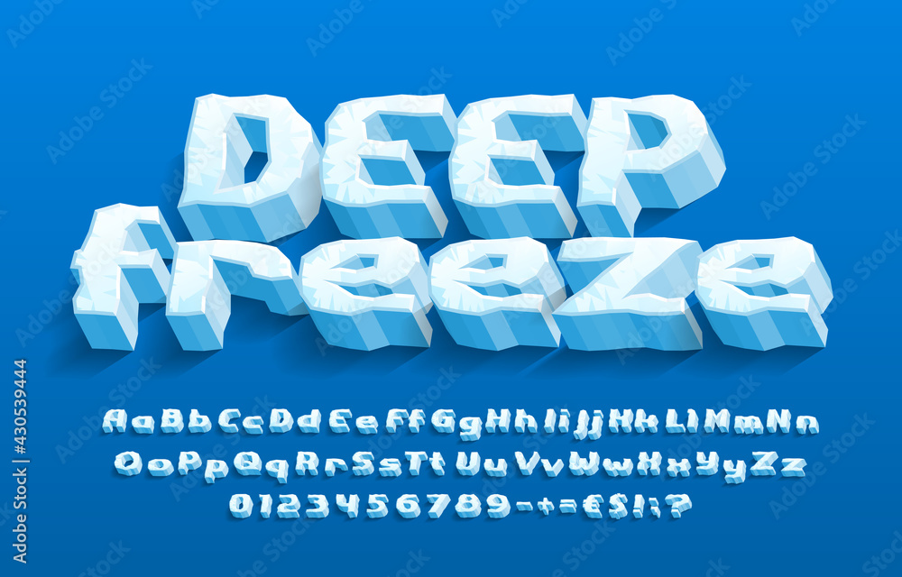 Fototapete deep freeze alphabet font. 3d cartoon ice letters, numbers and punctuation. uppercase and lowercase.