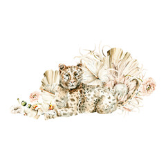 Watercolor hand painted wildcat leopard, elegant boho bouquet tropical dried flowers, pampas, protea, orchid. Illustration  perfect for fabric textile, wedding cards, poster