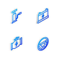 Set Isometric line Car battery, air pump, Check engine and Steering wheel icon. Vector