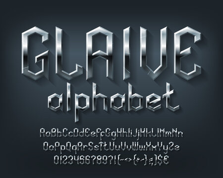 Glaive alphabet font. Scratched metal medieval letters, numbers and symbols. Uppercase and lowercase. Stock vector typescript for your typography design.
