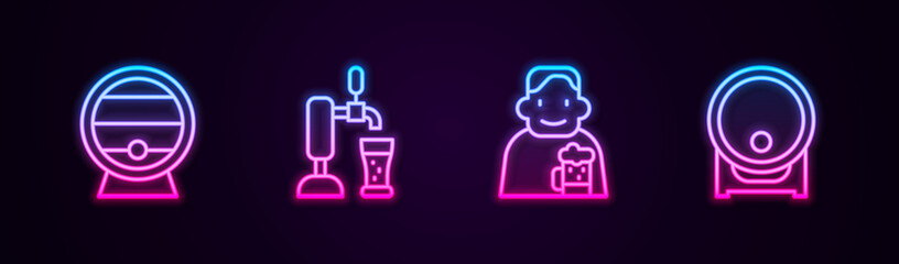 Set line Wooden barrel on rack, Beer tap with glass, Happy man beer and . Glowing neon icon. Vector