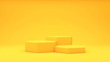 Presentation stand on a yellow background. Three hexagonal presentation stands. 3d render illustration for advertising.