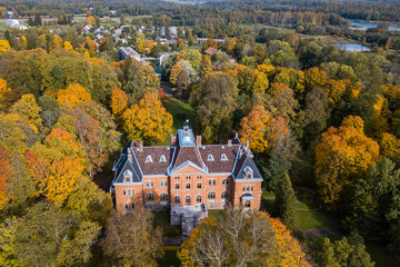 Aerial view of Pelci manor in sunny autumn day, Latvia.