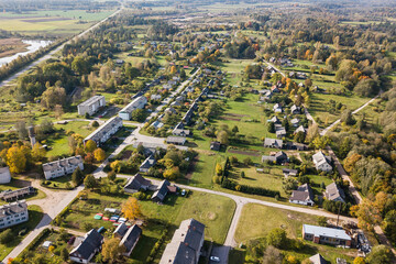 Aerial view of Renda village in sunny autumn day, Latvia.