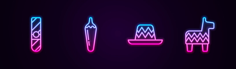 Naklejka premium Set line Cigar, Hot chili pepper pod, Mexican sombrero and Pinata. Glowing neon icon. Vector