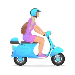Foto op Plexiglas Blue retro scooter, moped, motorbike with woman, girl in purple dress and brown backpack, isolated on white background. Vector illustration for design, flyer, poster, banner, web, advertising. © vector zėfirkã