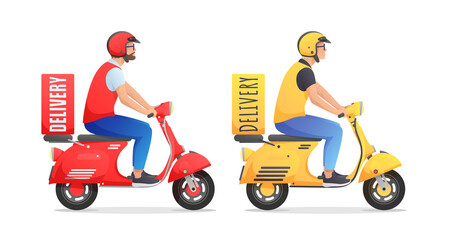 Red and yellow delivery retro scooter, moped, motorbike with couriers on white background. Vector illustration for design, flyer, poster, banner, web, advertising.
