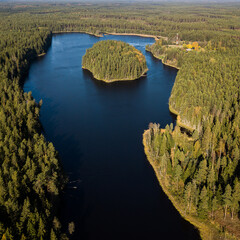 Aerial view of Seglinu lake with island in sunny autumn day, Latvia.
