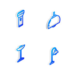Set Isometric line Chandelier, Flashlight, Floor lamp and icon. Vector
