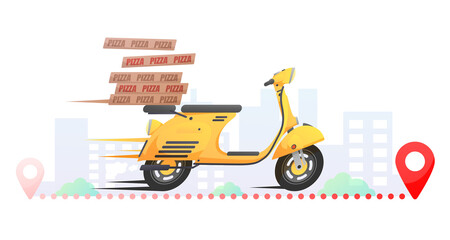 Yellow fast delivery retro scooter, moped, motorbike with pizza box on the way, road, red pin on the map, city on white. Vector illustration for design, flyer, poster, banner, web, advertising.