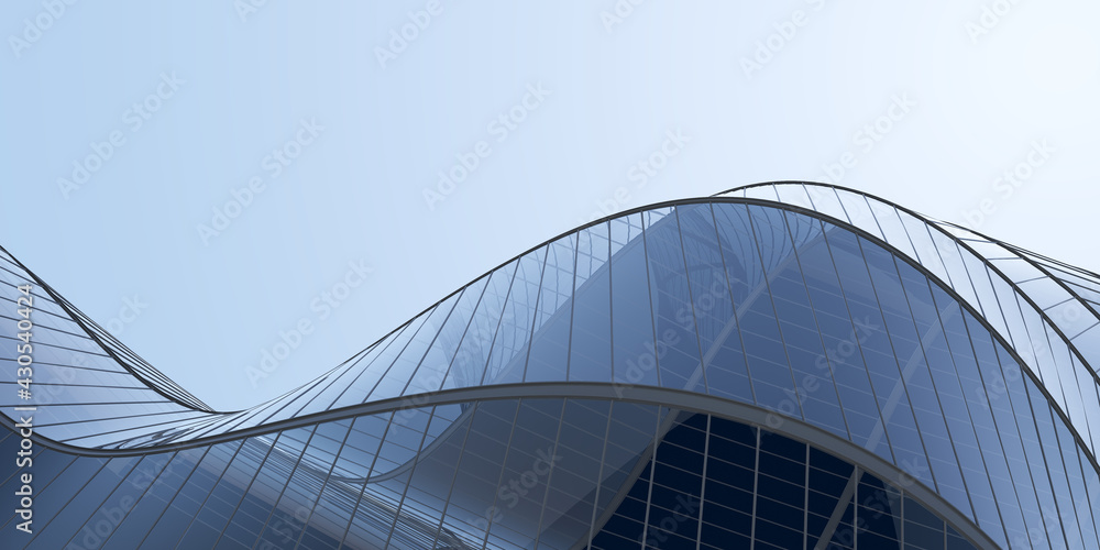 Poster low angle view of futuristic architecture, skyscraper of office building with curve glass window, 3d