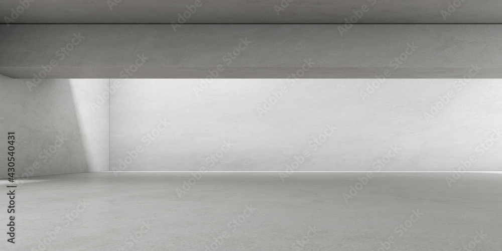 Poster 3d render of empty concrete room with shadow on the wall..