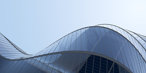 Low angle view of futuristic architecture, Skyscraper of office building with curve glass window, 3D rendering. - 430540424