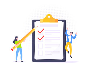 Checklist complete business concept tiny people with pencil nearby giant clipboard, task done and check mark ticks flat style design vector illustration isolated white background.