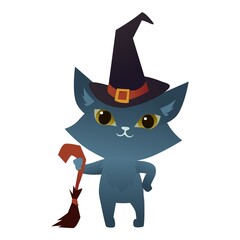 witch cat on a white background wearing a wizard hat and holding a brum