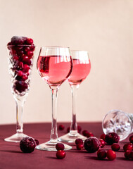Fototapeta na wymiar two glasses of pink gin or vodka infused with cranberry on light background, berry liquor or any alcohol cocktail among red berries, cranberries and cherries on crystal glass, minimalism