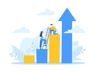 Business mentor helps to improve career and holding stairs steps vector illustration. Mentorship, upskills, climb help and self development strategy flat style design business concept. - obrazy, fototapety, plakaty
