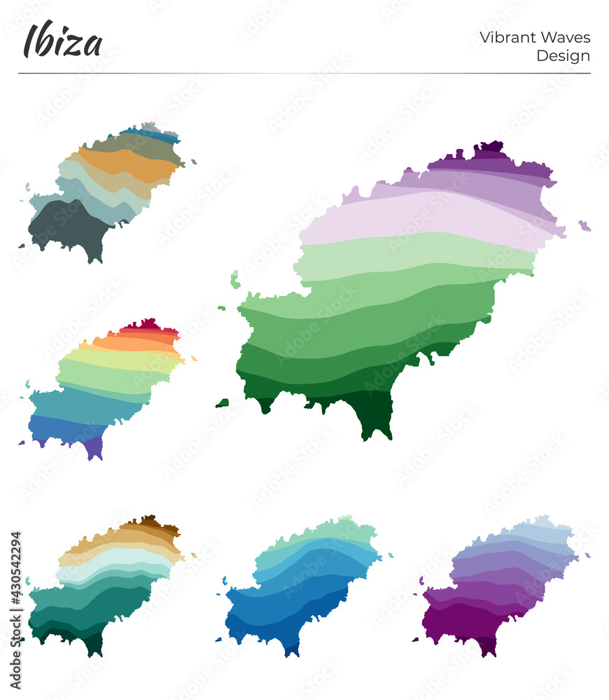 Poster set of vector maps of ibiza. vibrant waves design. bright map of island in geometric smooth curves s