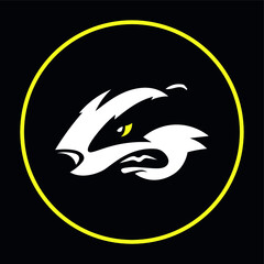 Obraz premium logo. white badger in a yellow circle. black and white illustration. animals. skunk, ferret, beaver. icon. label. yellow. vector. idea