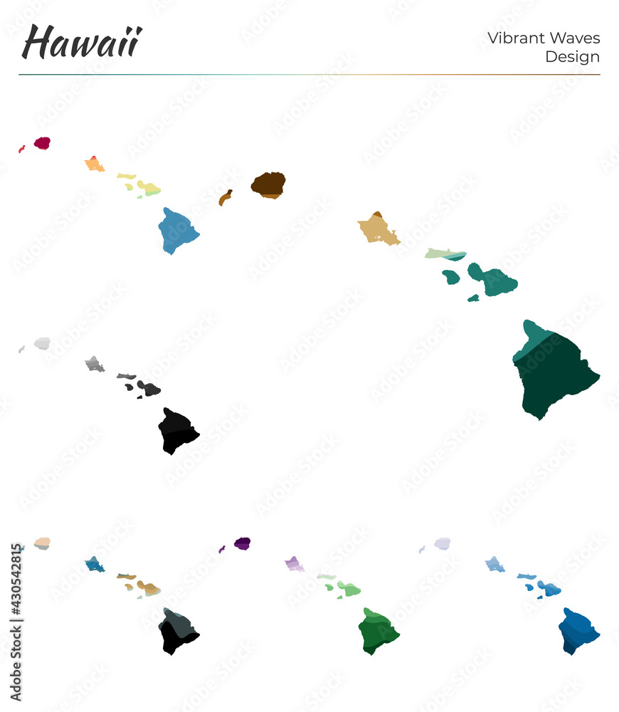 Poster set of vector maps of hawaii. vibrant waves design. bright map of the island in geometric smooth cur
