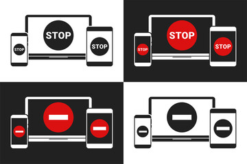 Fototapeta na wymiar Set of stop sign on laptop,mobile smartphone screen. Do not enter sign. Not Allowed Sign. Restricted and Prohibition Forbidden Access. Security concept in device. Illustration vector Illustration