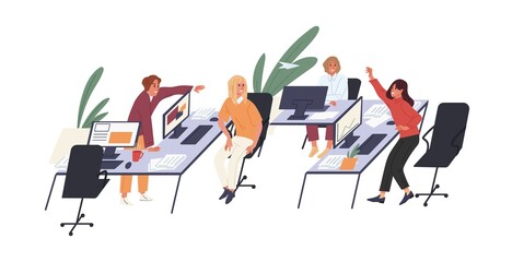 People having fun and entertaining in office during break. Colleagues playing with paper plane at workplace. Colored flat vector illustration of employees at desks isolated on white background
