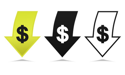 Set of cost reduction sign. Money icon with arrows stretching down and falling. Dollar decrease. Business finance crisis concept. Illustration vector