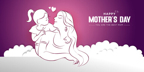 Happy mother's Day! Banner design with line art drawing of Mom and Girl Child looking at each other. Vector illustration.