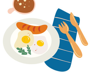 Fried eggs. Scrambled egg. Plate, fork and knife. Breakfast serving. The breakfast vector concept. Vector illustration for menu, shop, truck, restaurant, cafe, bar, poster, breakfast, banner, sticker