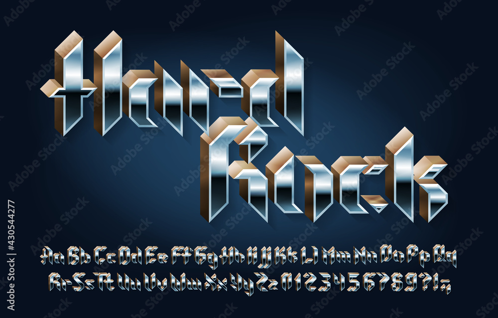 Fototapete hard rock alphabet font. 3d letters, numbers and punctuations in heavy metal style. uppercase and lo