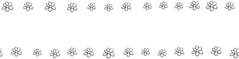 Vector hand drawn border, frame of small outline black flowers chamomiles in doodle style. Horizontal top and bottom edging, decoration for birthday, greeting card, kids theme