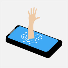 
Hand sinks in a smartphone. Smartphone addiction concept. A common problem among young people is addiction to smartphones, drug addiction