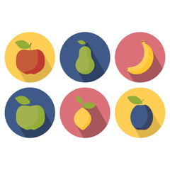 Set of 6 bright icons with diet fresh fruits. Diet symbol for cut apple, pear, plum, pear and lemon.