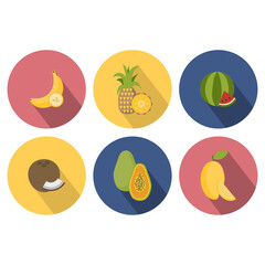 Set of 6 bright icons with exotic fresh fruits. Diet symbol for cut banana, pineapple, mango, coconut and watermelon.