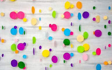 Background for photo white tree with multicolored small circles made of fabric