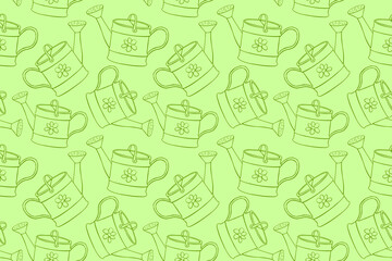 Seamless pattern with watering cans. Hand drawn outline vector background and texture in doodle style, isolated. Gardening tools for working in the garden, on the farm, in the dacha, country site