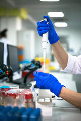 process of working with analyses in the laboratory. hands close-up