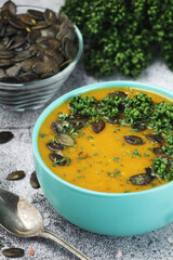 A bowl with home-made pumpkin soup	
