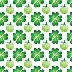 Seamless green pattern with clover leaves and apples isolated on white background. Pattern for St Patrick's day