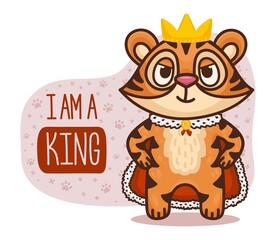 King tiger cartoon character. Vector illustration for children products.