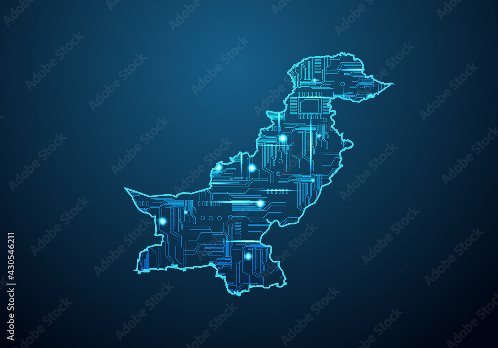 Poster abstract futuristic map of pakistan. circuit board design electric of the region. technology backgro