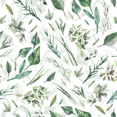 Watercolor seamless pattern with green garden herbs dill, basil, parsley, rosemary, mint. Hand Drawn background with organic natural green herbs. Texture for paper, fabric