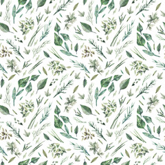 Watercolor hand painted seamless pattern with green herbs illustrations. Natural elements: herbs, leaves, branches, spring garden greens. Nature illustration for wrapping paper, textile, decorations.