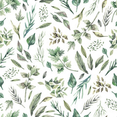 Fototapeta na wymiar Watercolor hand painted seamless pattern with green herbs illustrations. Natural elements: herbs, leaves, branches, spring garden greens. Nature illustration for wrapping paper, textile, decorations.